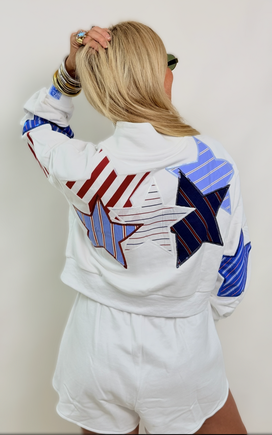Queen of Sparkles White USA Stripe Patch Stars Mock Neck Sweatshirt