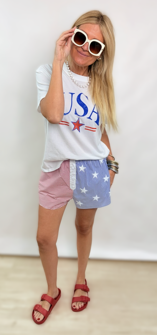 Queen of Sparkles Red, White & Blue Colorblock Stripe Star Short