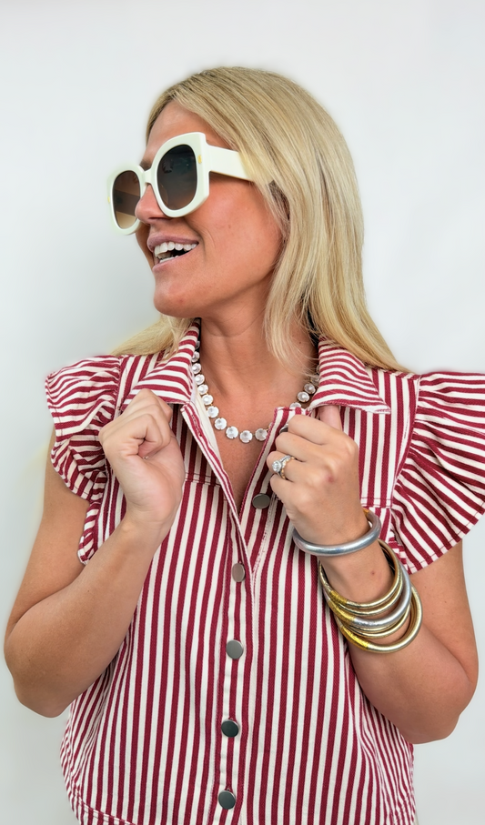 Jodifl Button Down Red Stripe Cap Shoulder Top