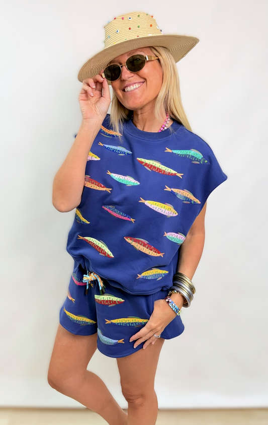Queen of Sparkles Navy Multi Fish Tie Tank Top
