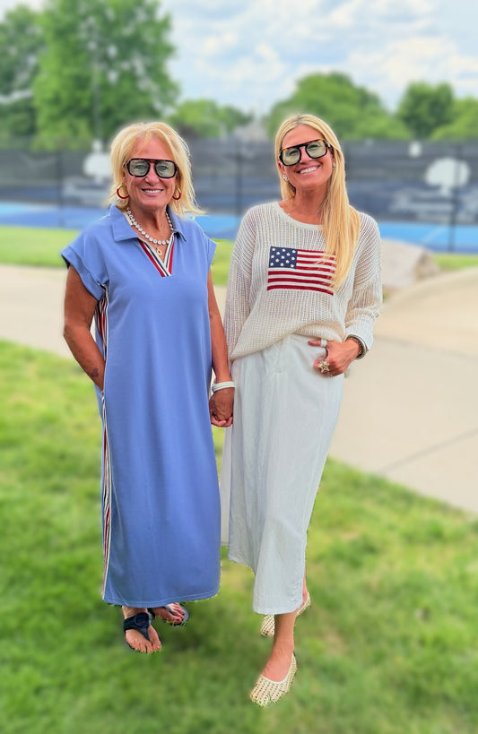 Jodifil Midi Side Slit Dress with Red, White, and Blue Embroidered Stripe
