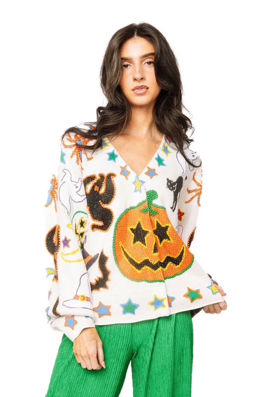 Queen of Sparkles Ivory Halloween Icon Button up Cardigan