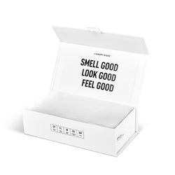 White box with text 'SMELL GOOD LOOK GOOD FEEL GOOD' on a white background