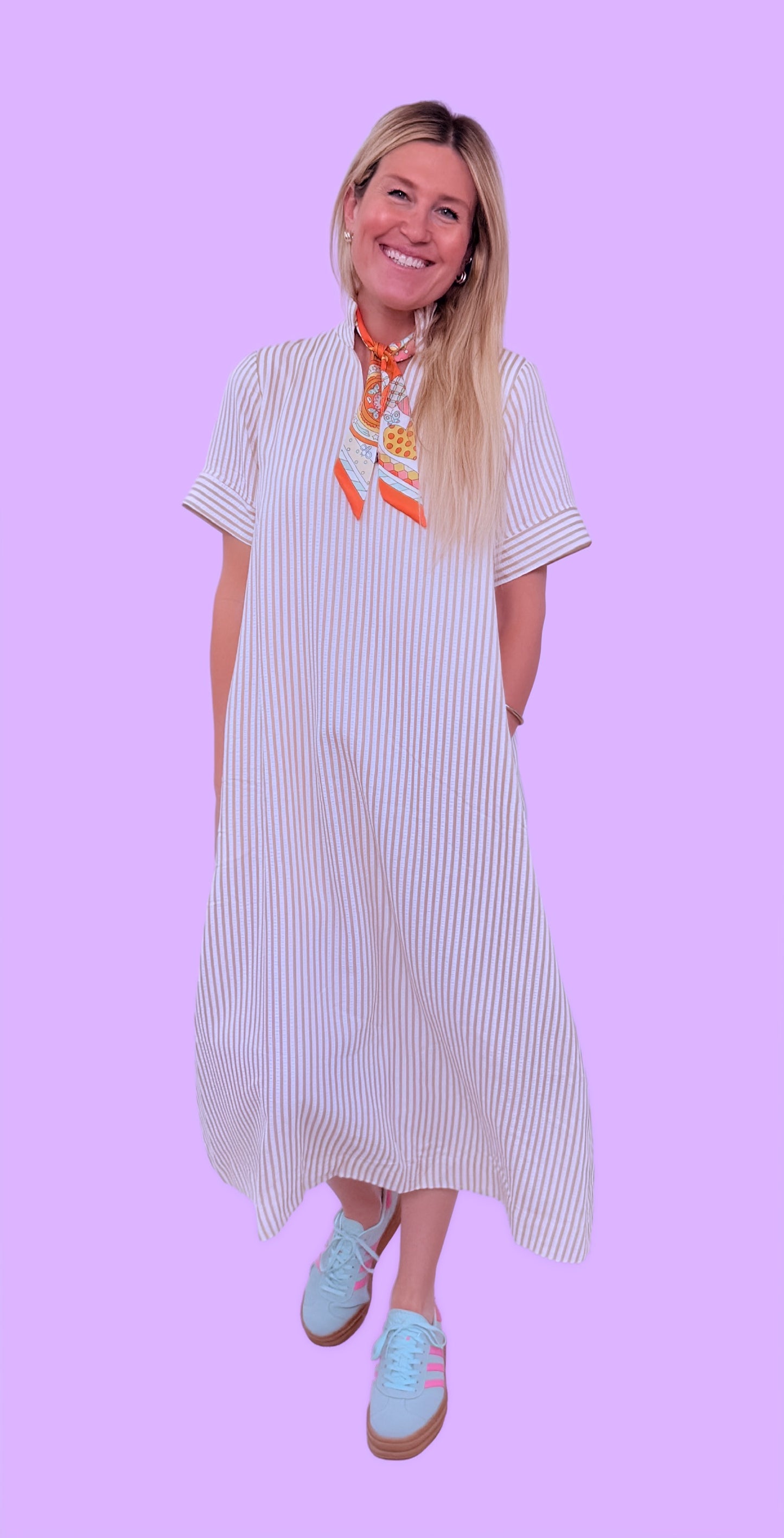 Oatmeal V-Neck Striped Maxi