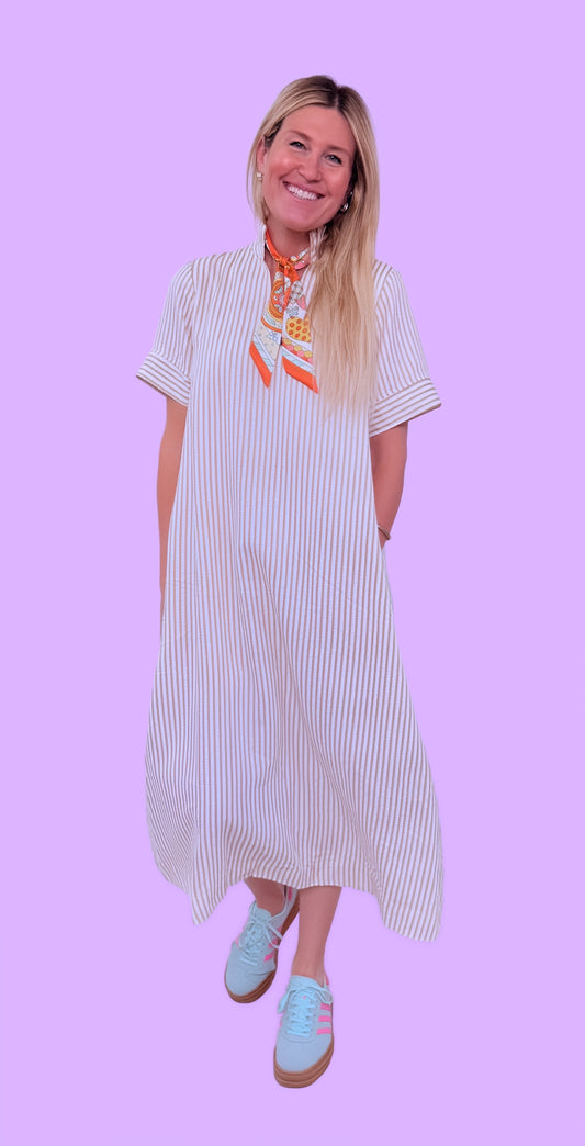 Oatmeal V-Neck Striped Maxi