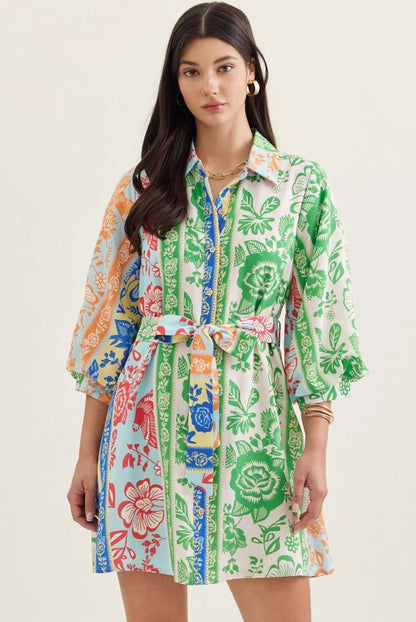 Entro Mixed Floral Stripe Tie Waste Dress