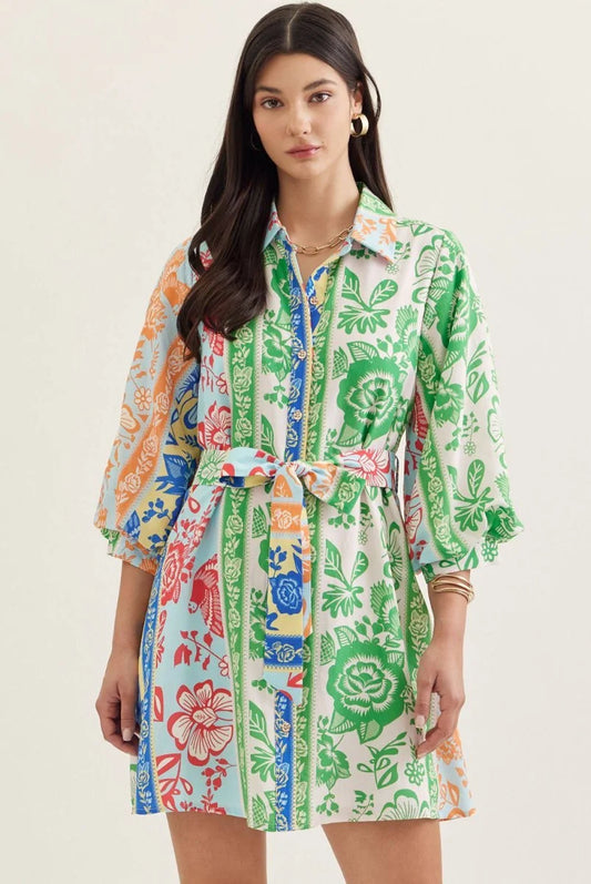 Entro Mixed Floral Stripe Tie Waste Dress