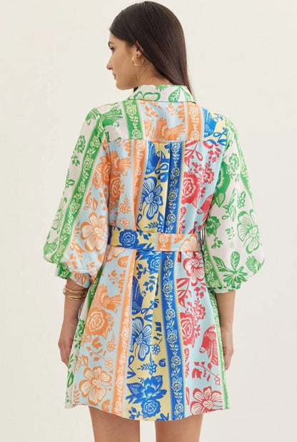 Entro Mixed Floral Stripe Tie Waste Dress