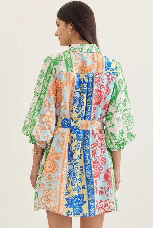 Entro Mixed Floral Stripe Tie Waste Dress