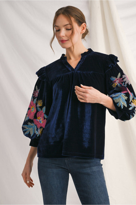 Navy Velvet Top With Flowers