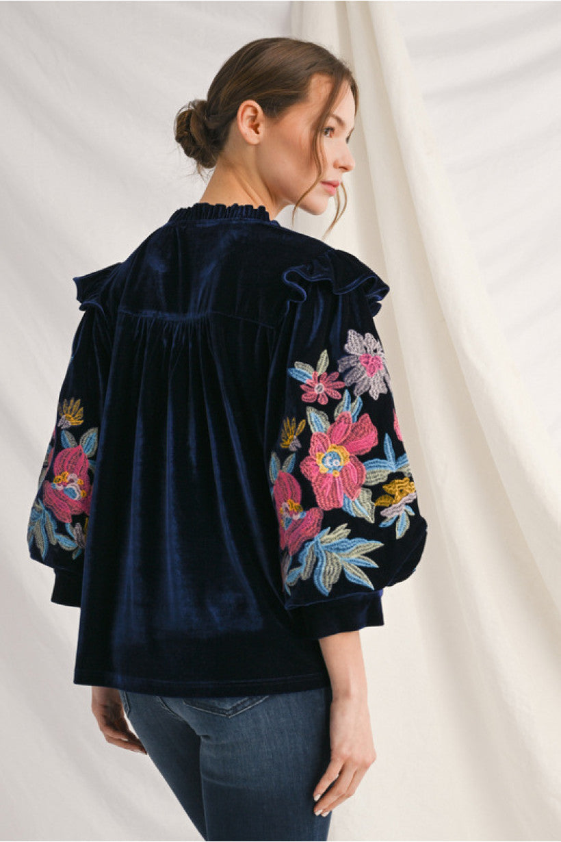 Navy Velvet Top With Flowers