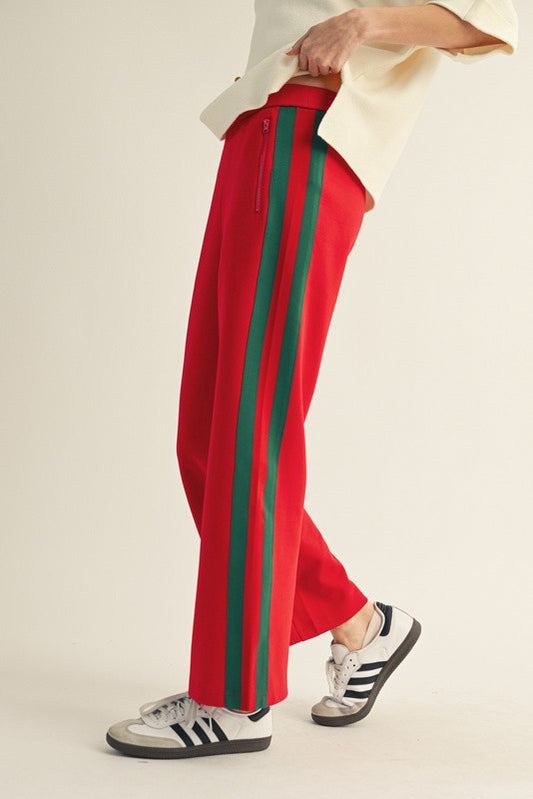 Red Track Pant with Green Stripe