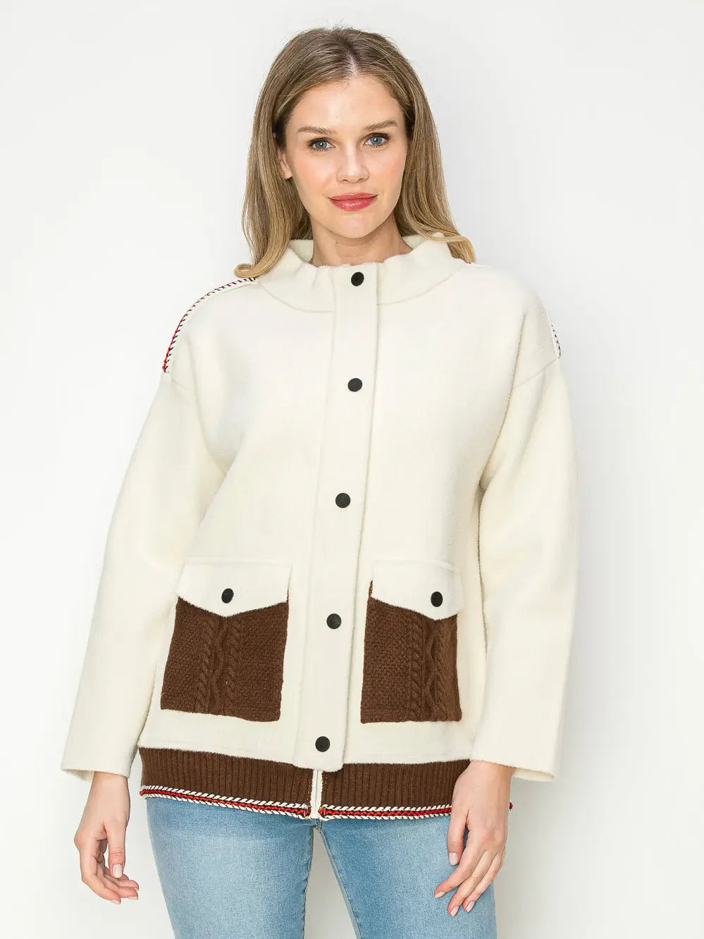 Joan Sweater Jacket with Brown and Red Detail