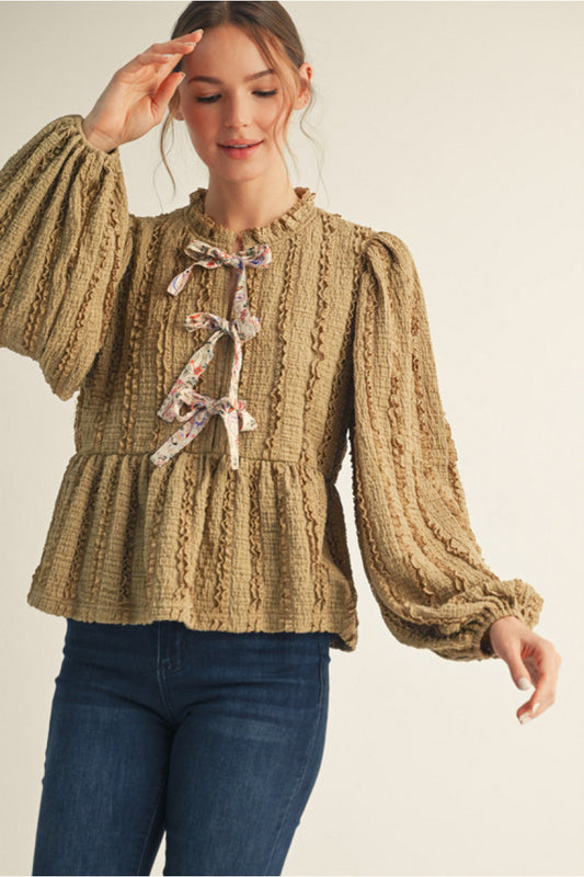 Textured Tie Front Peplum Top