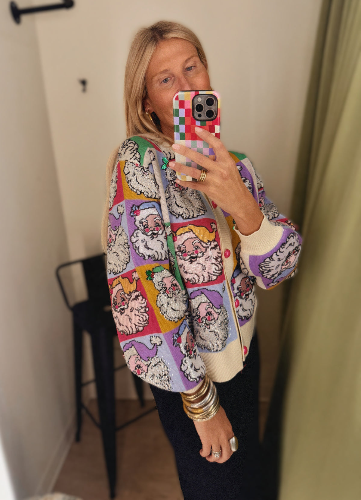 Queen of Sparkles Pastel Color Block Santa Button Up Cardigan