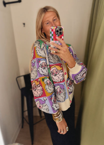 Queen of Sparkles Pastel Color Block Santa Button Up Cardigan