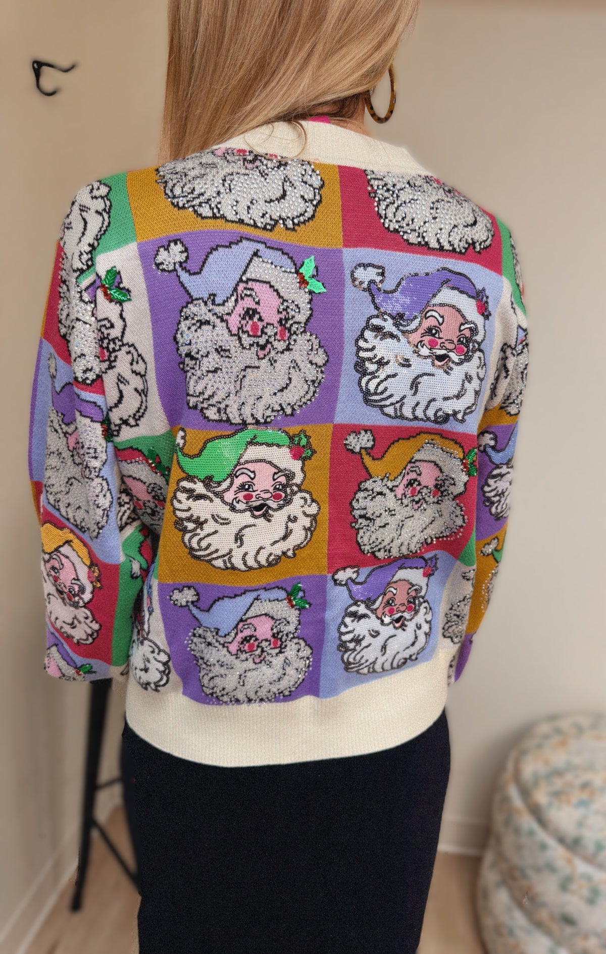 Queen of Sparkles Pastel Color Block Santa Button Up Cardigan