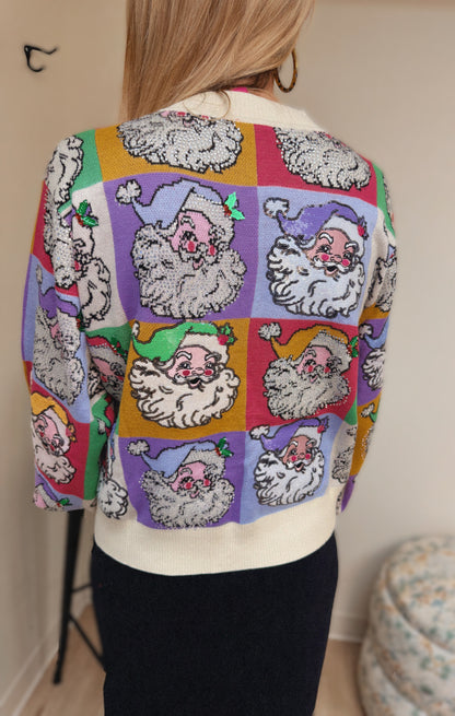 Queen of Sparkles Pastel Color Block Santa Button Up Cardigan