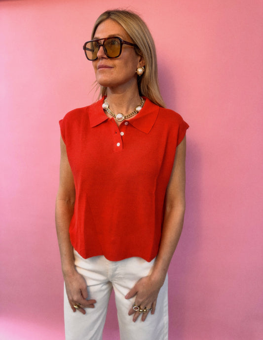 Red Sleeveless Collared Knit Top