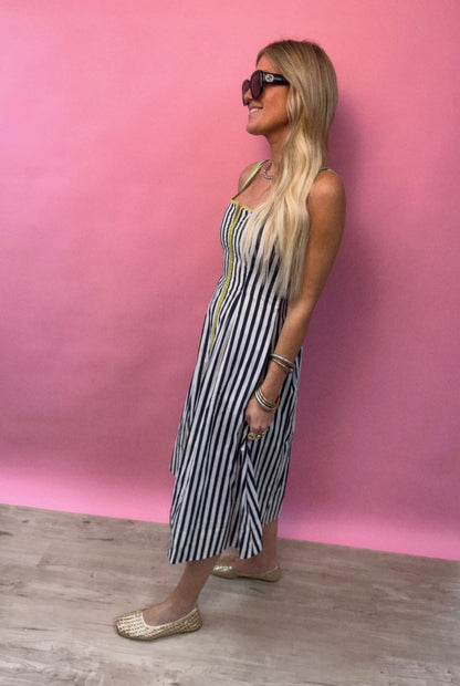 Midi Navy Striped Dress with Lime Green Detail