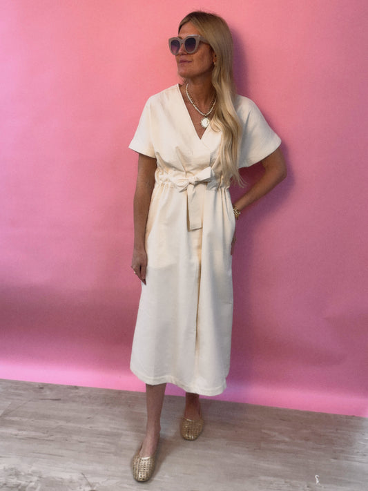 Ivory V-Neck Drawstring Waist Dress