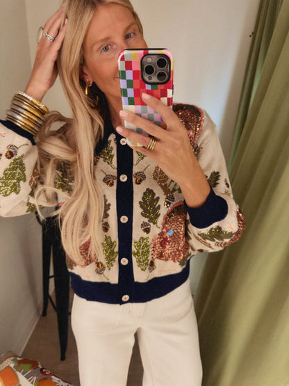 Queen of Sparkles Navy Trim Button Up Turkey, Leaf, and Acorn Cardigan