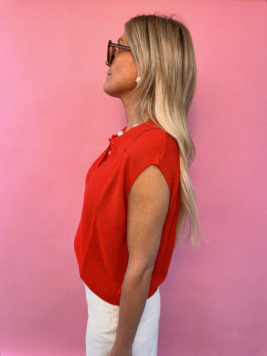 Red Sleeveless Collared Knit Top