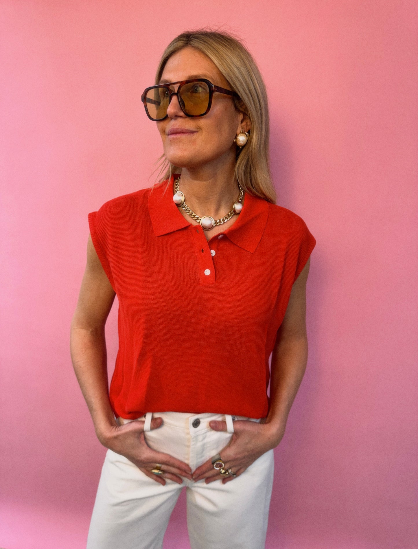 Red Sleeveless Collared Knit Top