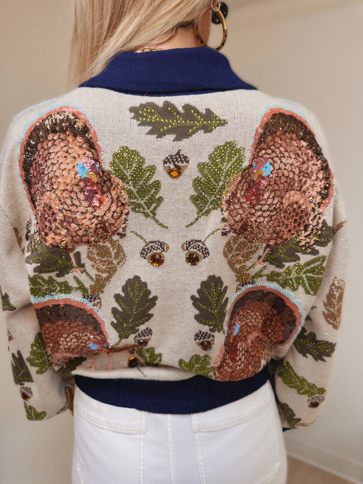 Queen of Sparkles Navy Trim Button Up Turkey, Leaf, and Acorn Cardigan