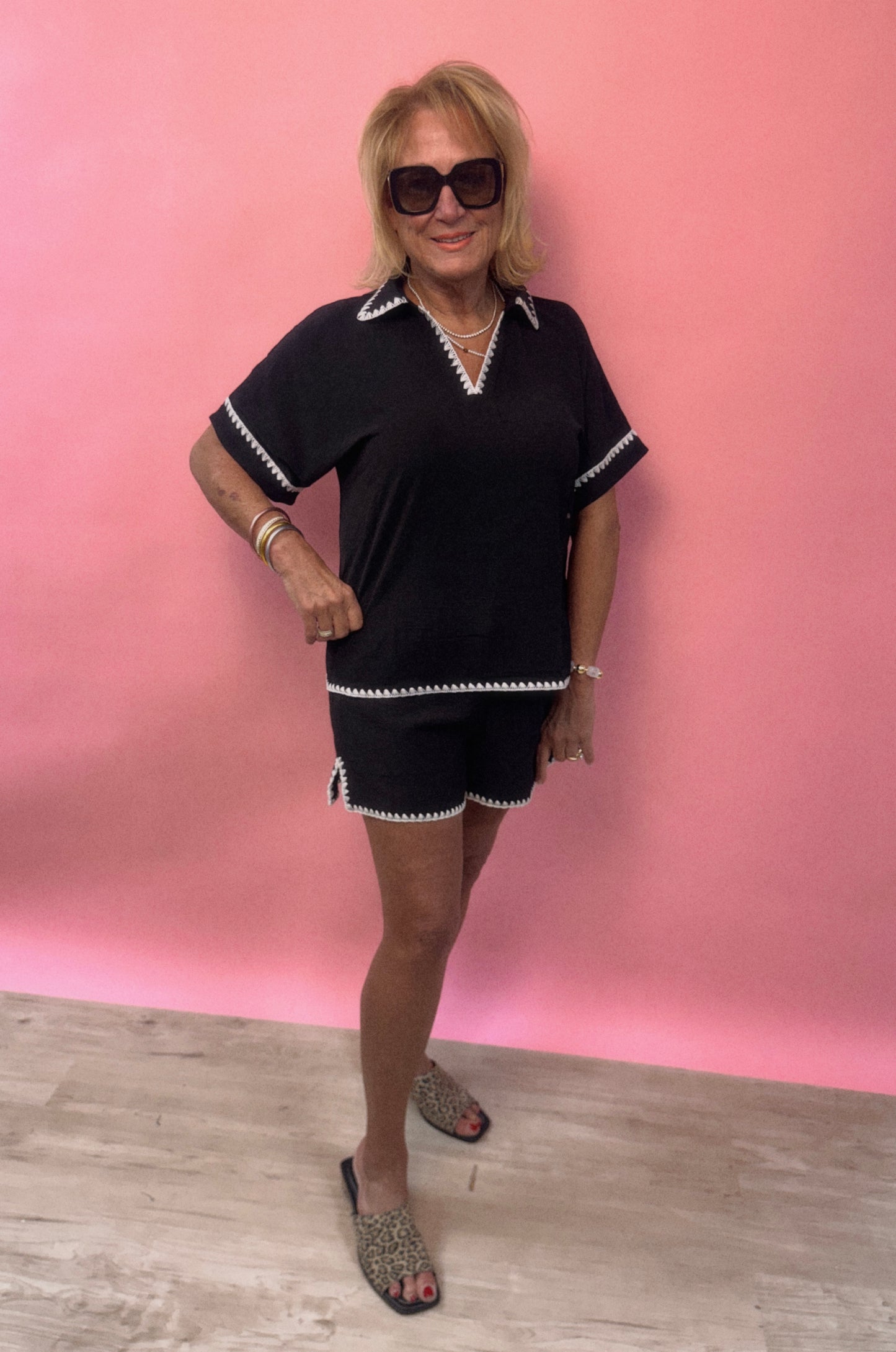 Black Short Set with White Trim Stitching