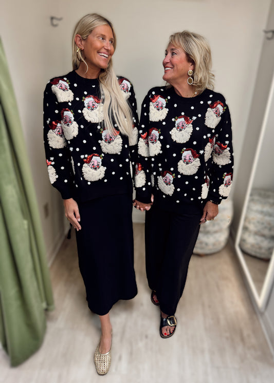 Queen of Sparkles Black and White Polka Dot Santa Head Sweater