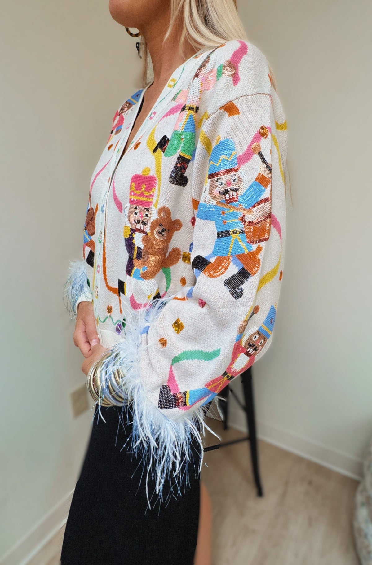 Queen of Sparkles Multi Drumming Nutcracker Button Up Cardigan