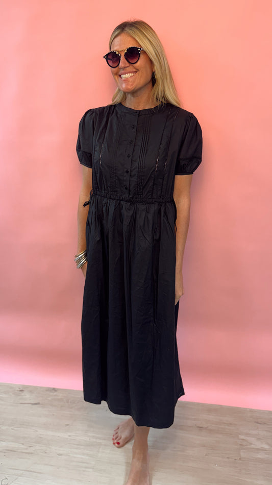 Elle Grey Black Pin Tuck Drawstring Midi Dress