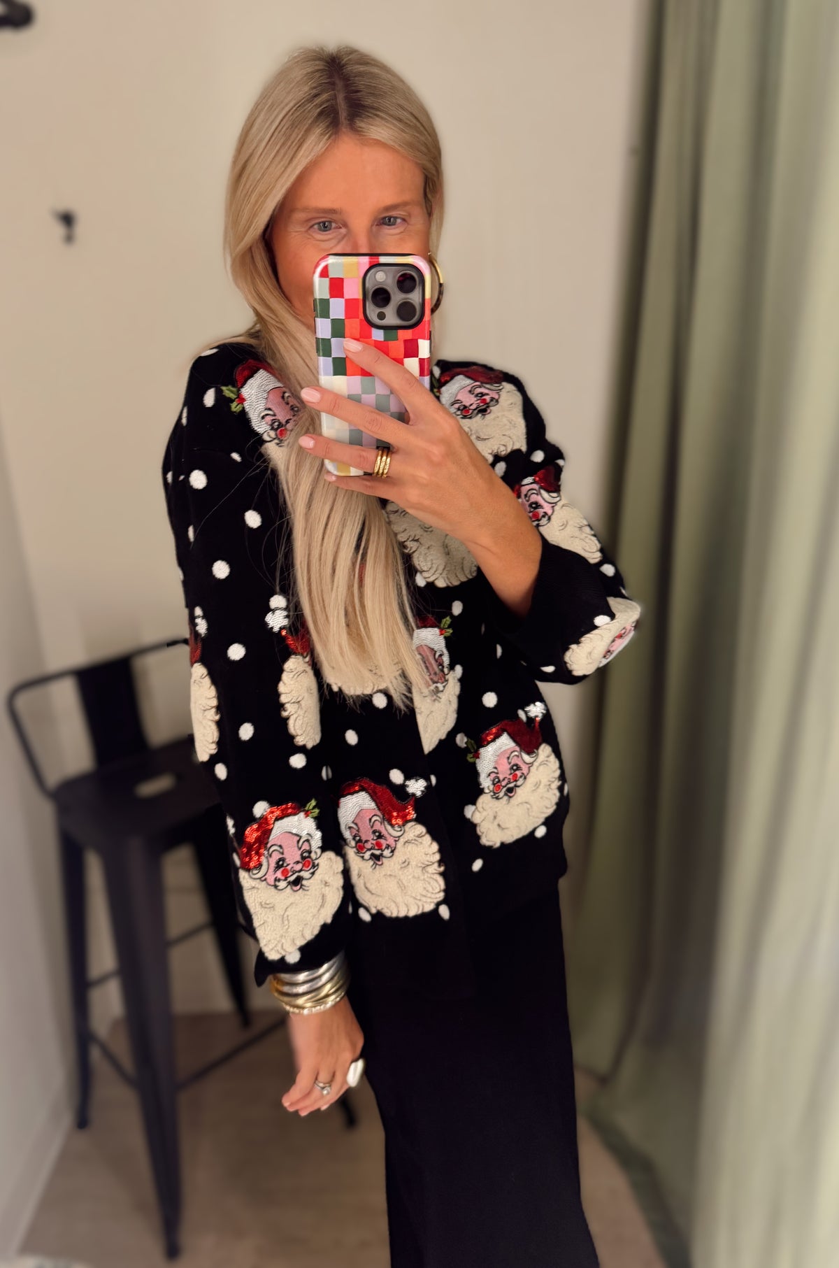 Queen of Sparkles Black and White Polka Dot Santa Head Sweater