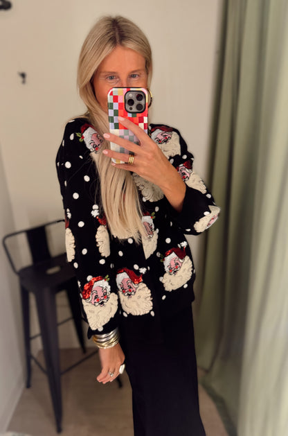 Queen of Sparkles Black and White Polka Dot Santa Head Sweater