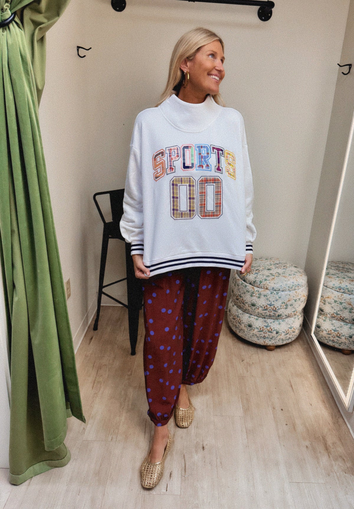 Queen of Sparkles White Mock Neck Plaid Sports Sweatshirt