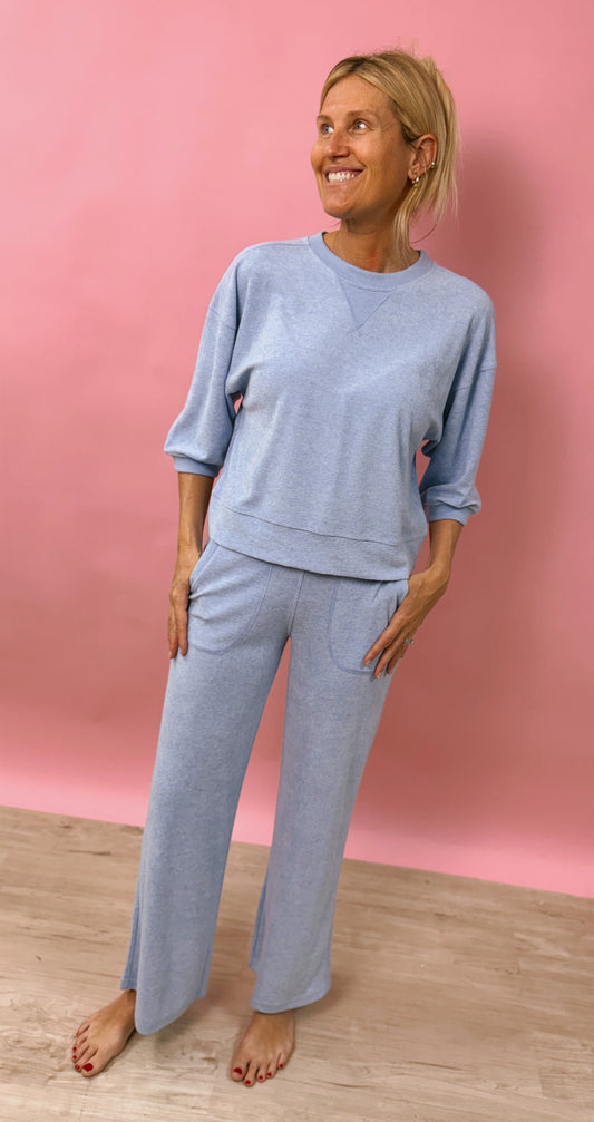 SOFTIES Sky Blue Terry Cropped Sleeve Set with Wide leg Pants