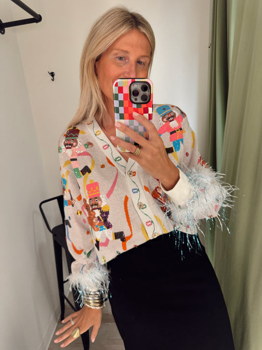 Queen of Sparkles Multi Drumming Nutcracker Button Up Cardigan