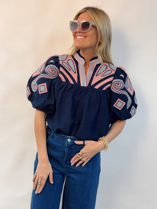 Puff Sleeve Embroidery Navy Red Top