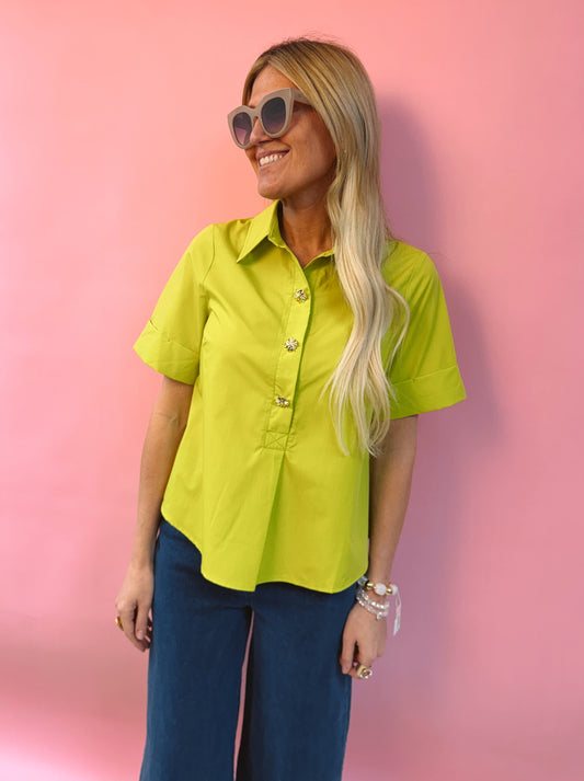 Chartreuse Top with Gold Buttons