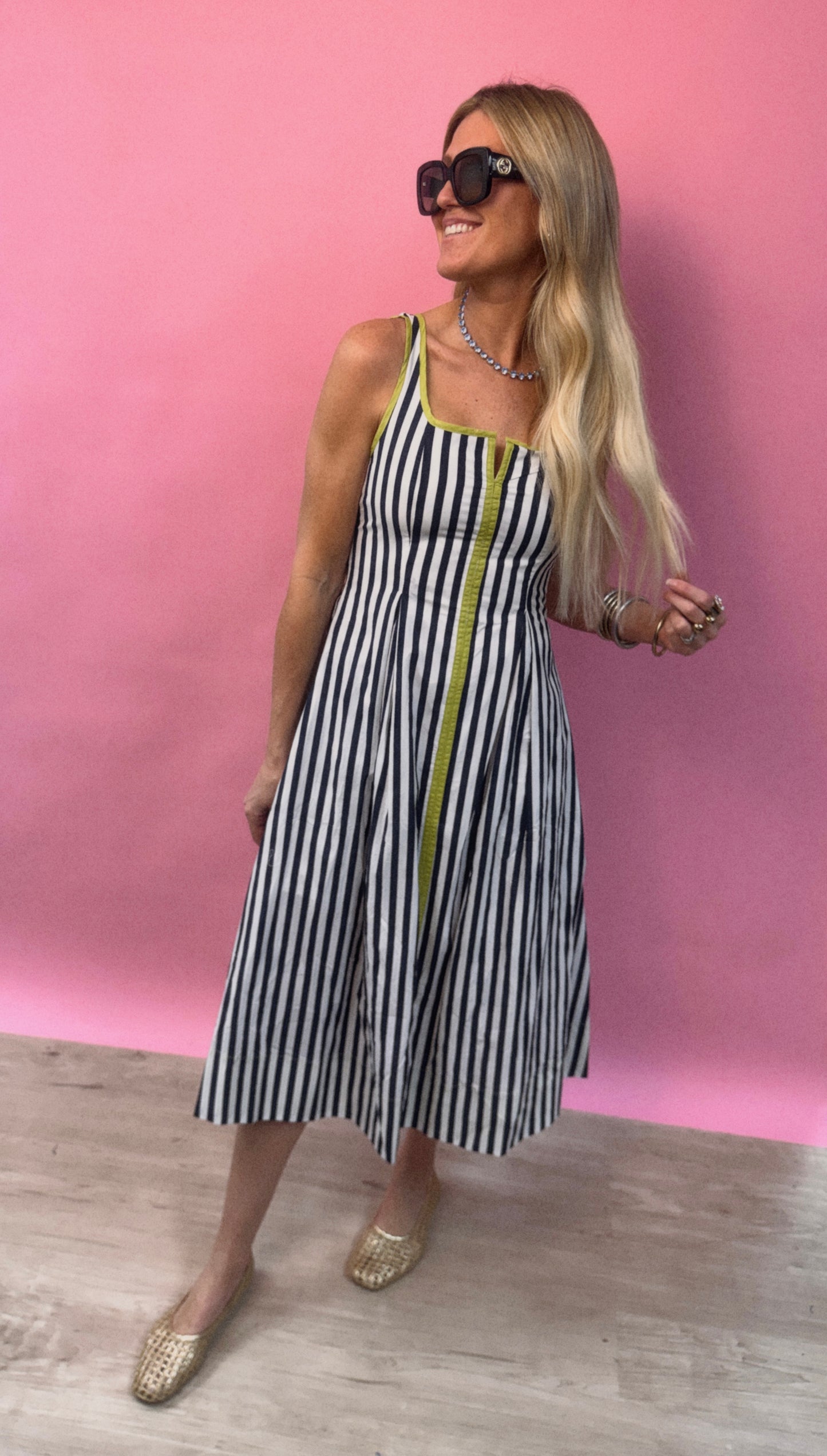 Midi Navy Striped Dress with Lime Green Detail