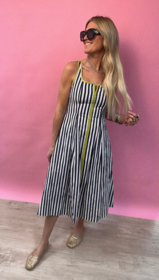 Midi Navy Striped Dress with Lime Green Detail