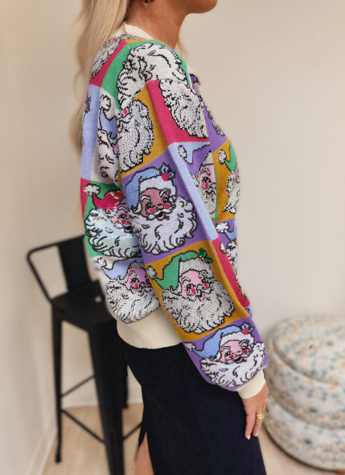 Queen of Sparkles Pastel Color Block Santa Button Up Cardigan
