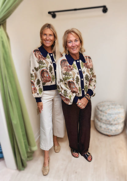 Queen of Sparkles Navy Trim Button Up Turkey, Leaf, and Acorn Cardigan