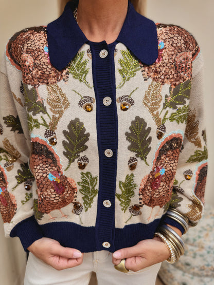 Queen of Sparkles Navy Trim Button Up Turkey, Leaf, and Acorn Cardigan