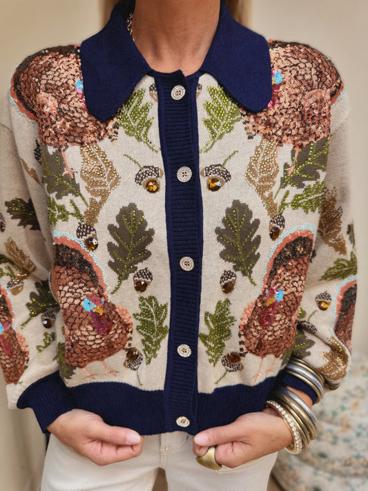 Queen of Sparkles Navy Trim Button Up Turkey, Leaf, and Acorn Cardigan