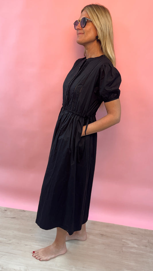 Elle Grey Black Pin Tuck Drawstring Midi Dress