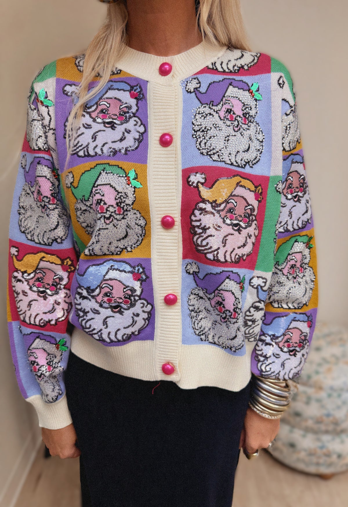 Queen of Sparkles Pastel Color Block Santa Button Up Cardigan