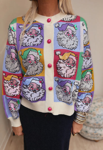 Queen of Sparkles Pastel Color Block Santa Button Up Cardigan