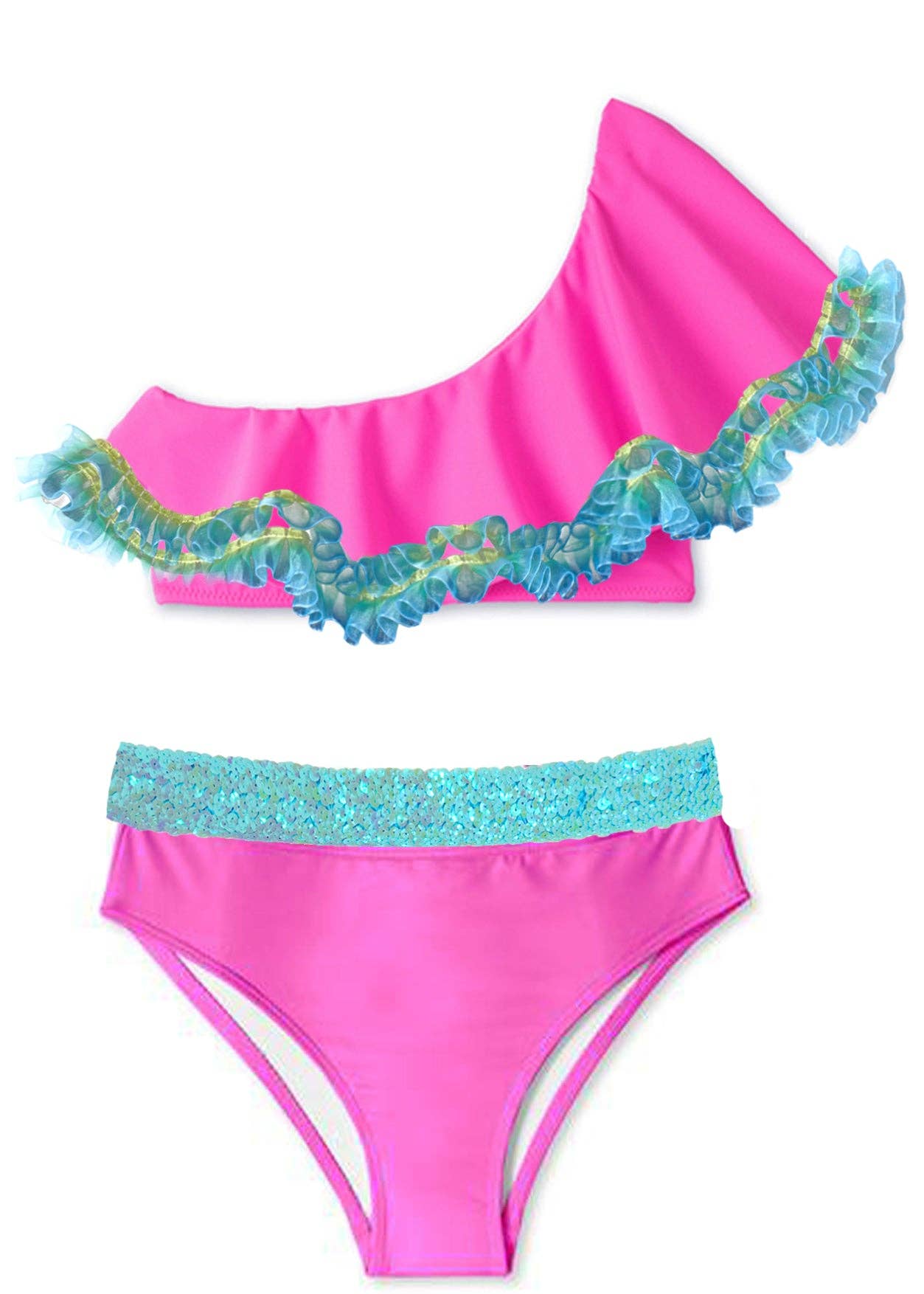 Neon Pink One Shoulder Bikini with Anemone Fringe & Aqua Seq